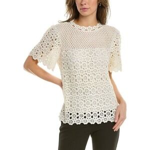 Carolina Herrera Crochet Top Womens M Knit Silk‎ White Floral Preppy